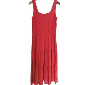 Talbots Maxi Tank Dress M Tiered Ruffle Eyelet Hem Sleeveless Orange